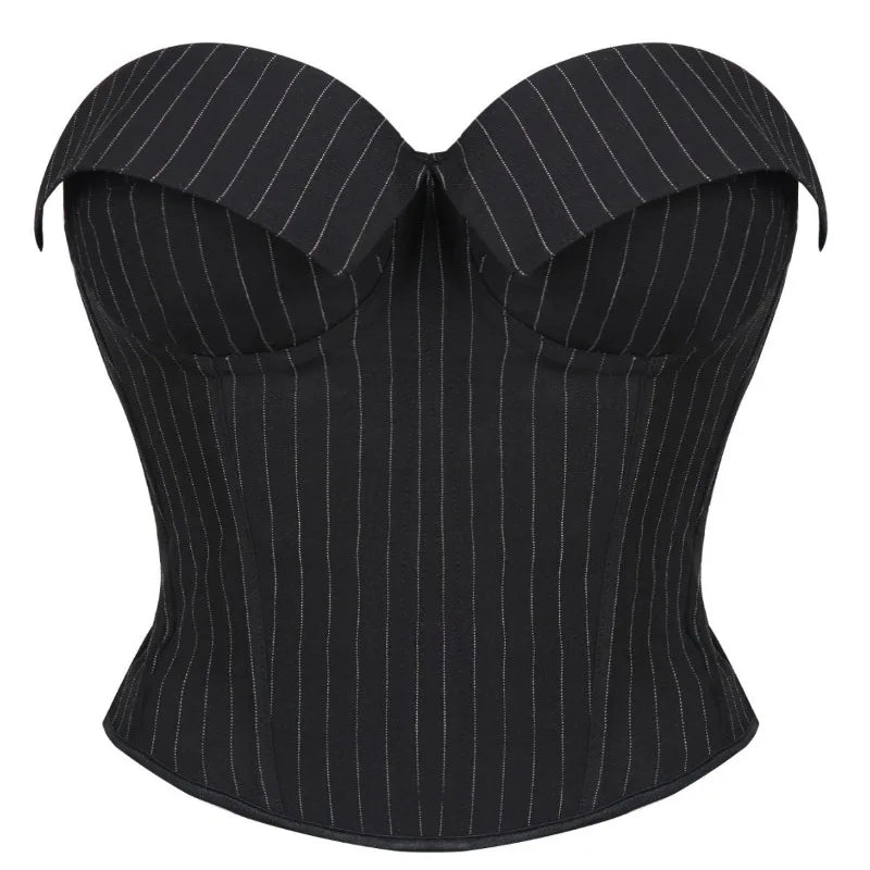 Black Striped Overbust Corset Top Zipper Front Lace-Up Bustier Body Shaper