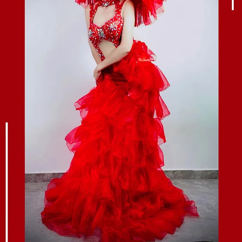 Hollow-Out Rhinestone Bodysuit & Feathered Layered Skirt Carnival Costume Set