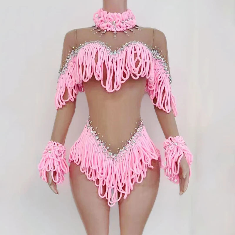 Pink Tassel Long-Sleeve Bodysuit Drag Queen & Gogo Stage Performance Costume