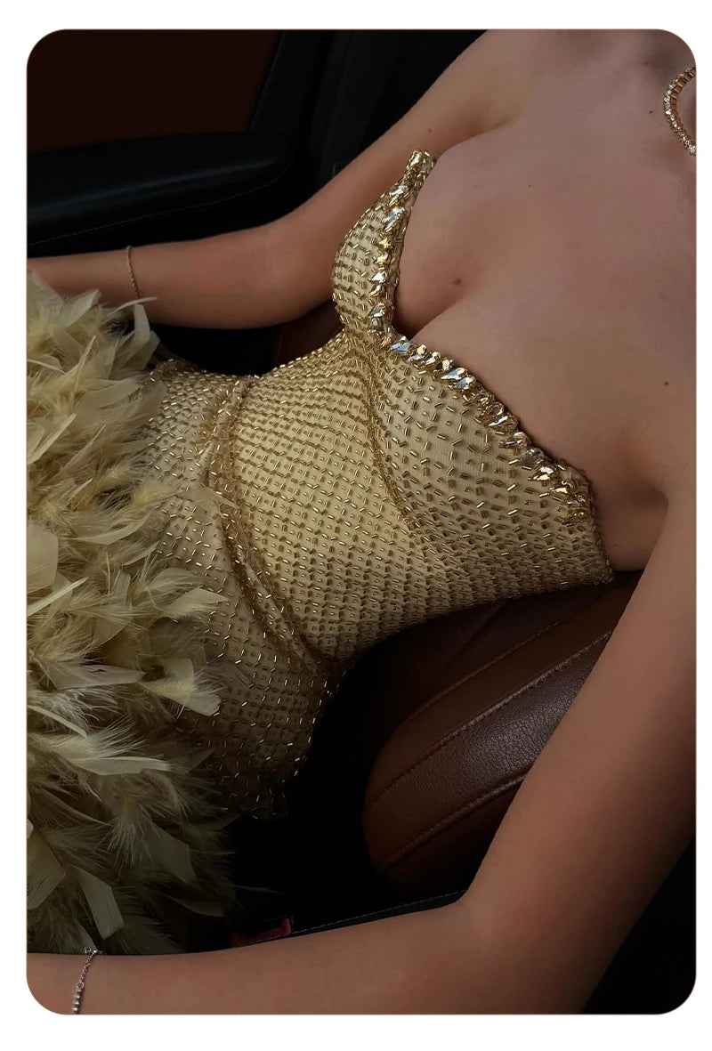Gold Feather Trim Strapless Mini Dress
