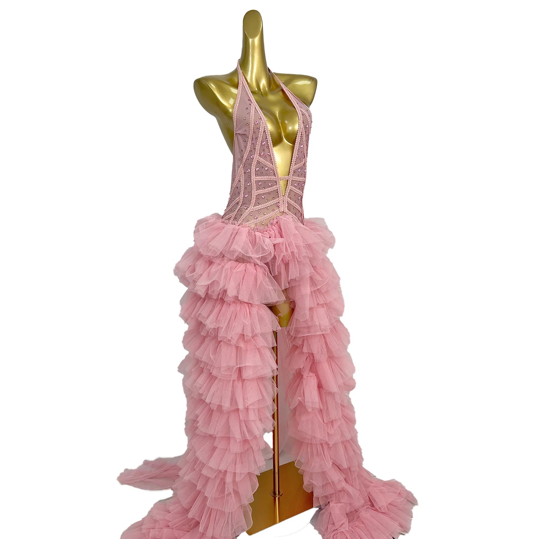 Pink Rhinestone Ruffle Backless Gala Ball Gown & Birthday Evening Dress