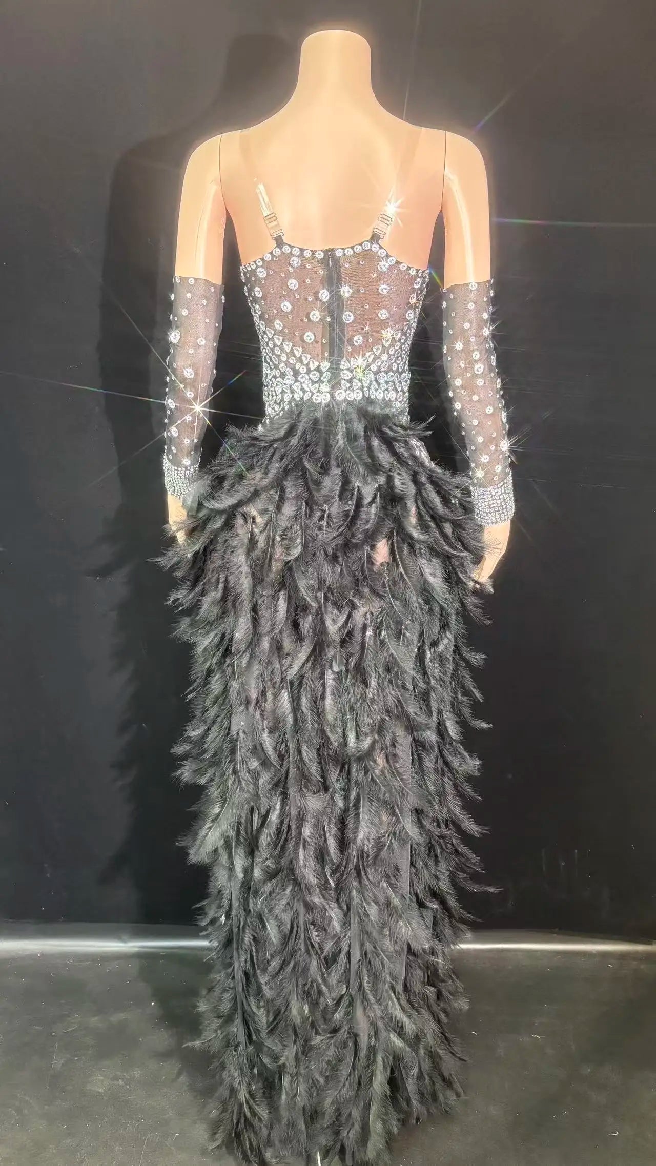 Rhinestone Chain Bodysuit with Detachable Feather Train & Sleeves 3-Piece Stage Costume Set