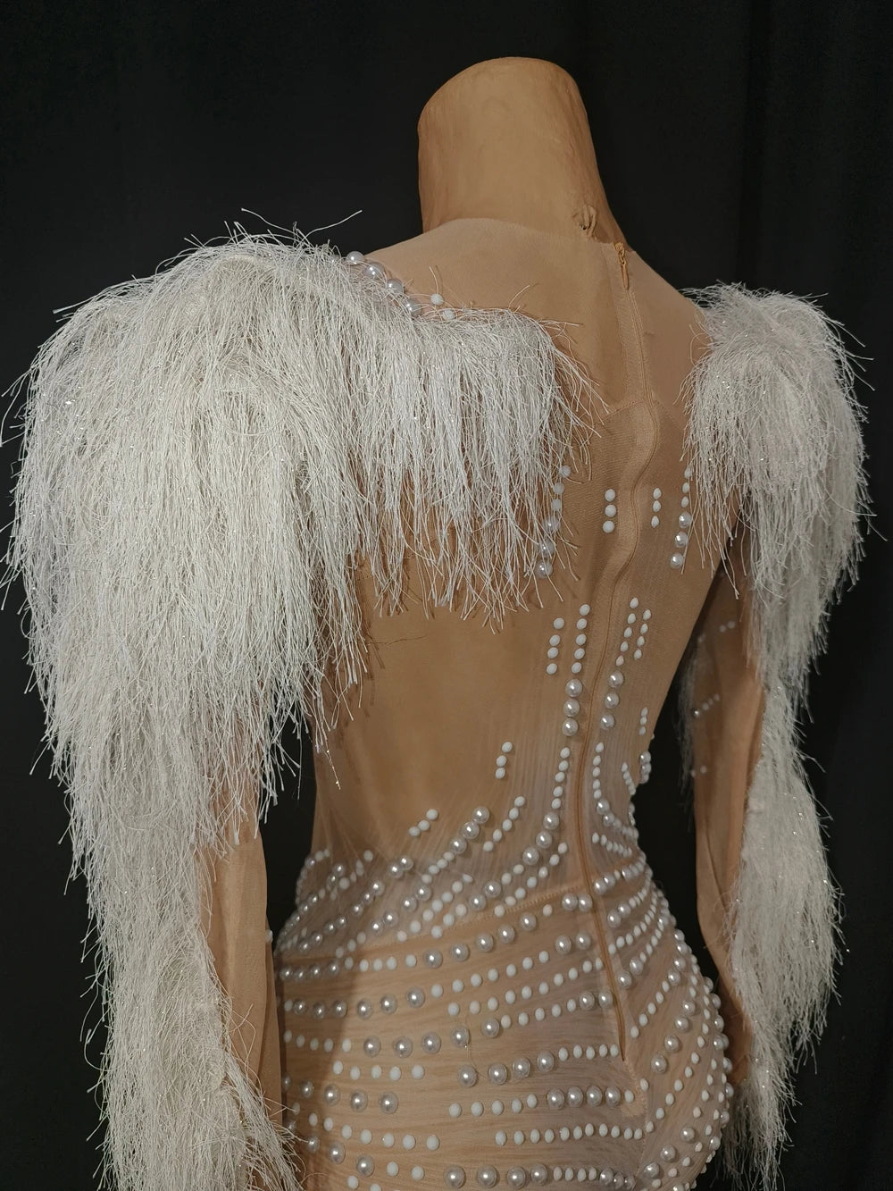 Sparkly Pearl Rhinestone Tassel Sleeve Mesh Jumpsuit Showgirl Stage Catsuit