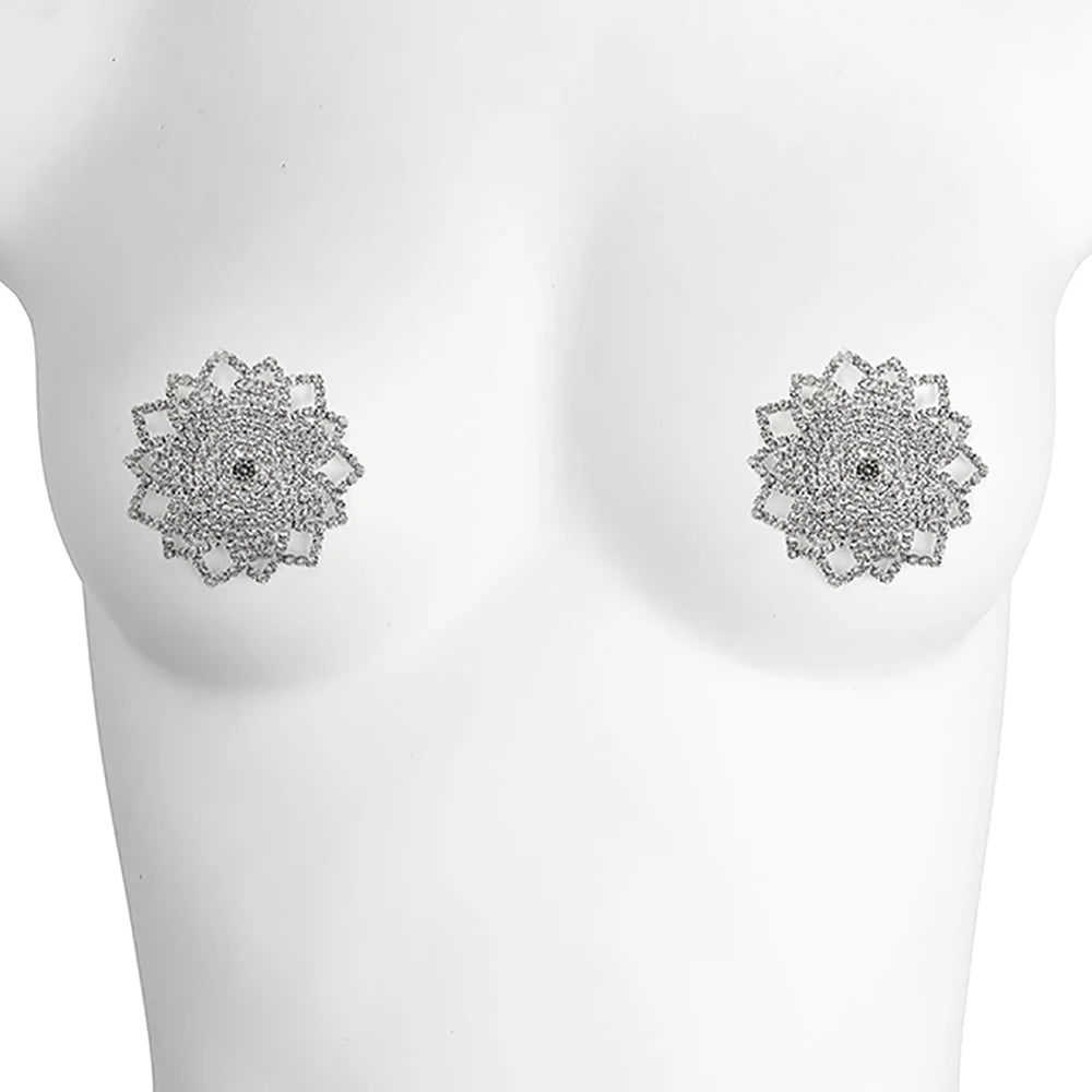 Sparkly Rhinestone Ornate Starburst Reusable Nipple Pasties Self-Adhesive Breast Covers