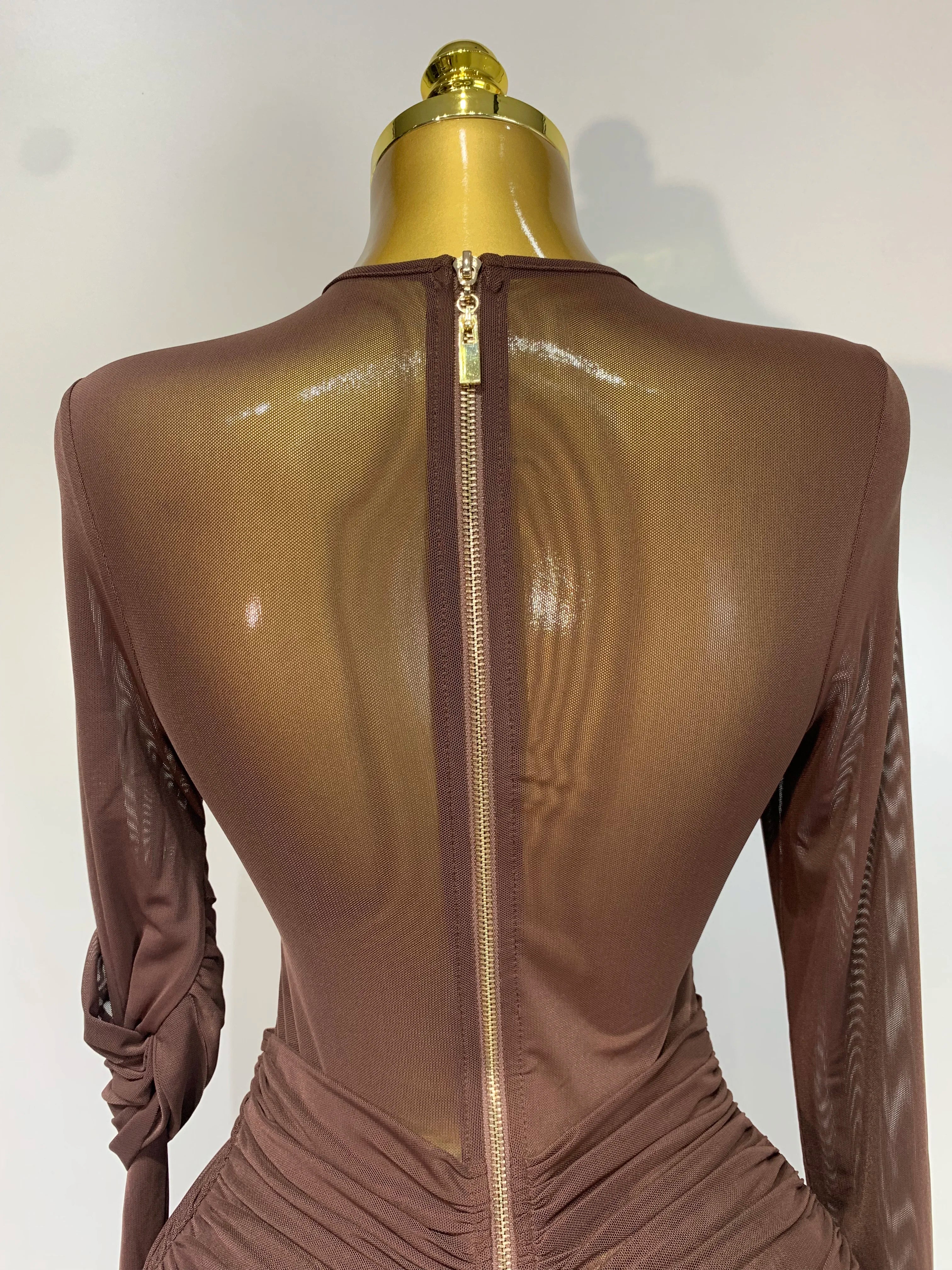 Ruched Mesh Draped Bodycon Maxi Dress Long Sleeve Illusion Evening Gown