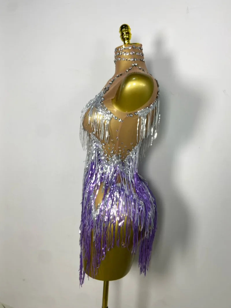 Sparkly Rhinestone & Tassel Fringe Latin Dance Mini Dress Stage Costume