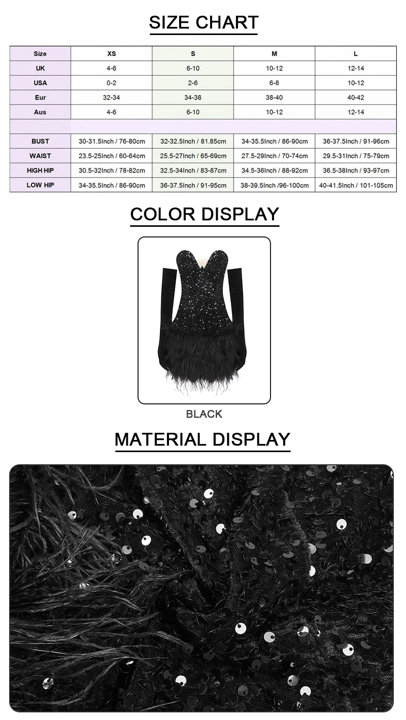 Black Sequin & Feather Strapless Mini Dress