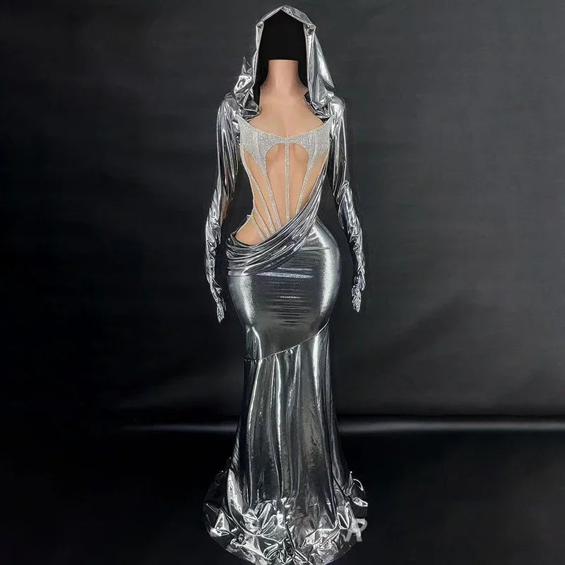 Liquid Metallic Hooded Maxi Gown Backless Cutout Floor-Length Stage Dress