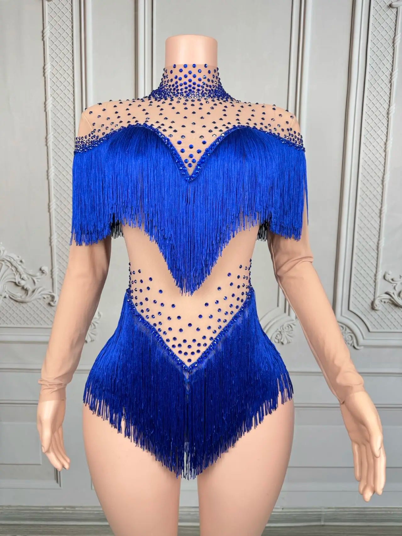 Sparkly Rhinestone Tassel Fringe Dance Performance Costume Stage Bodysuit