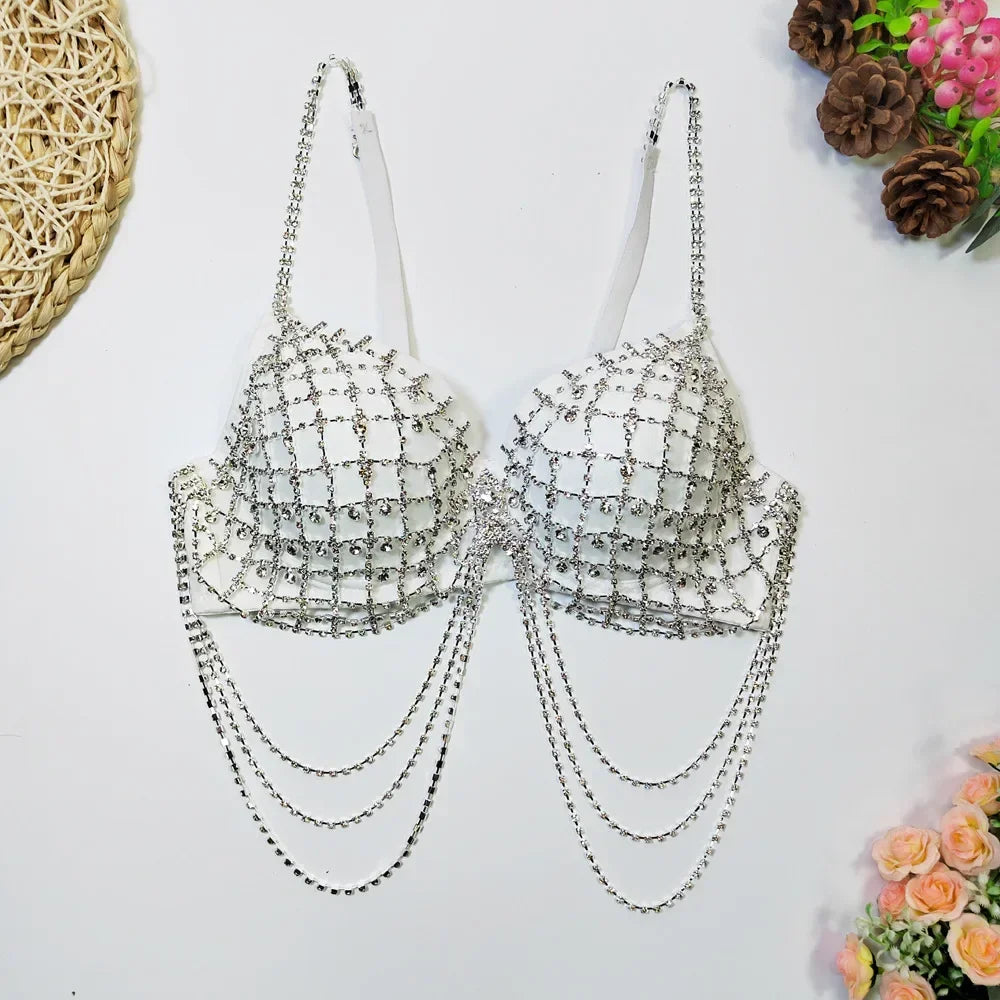 Sparkly Rhinestone Draping Chain Corset Top Showgirl Stage Performance Bustier