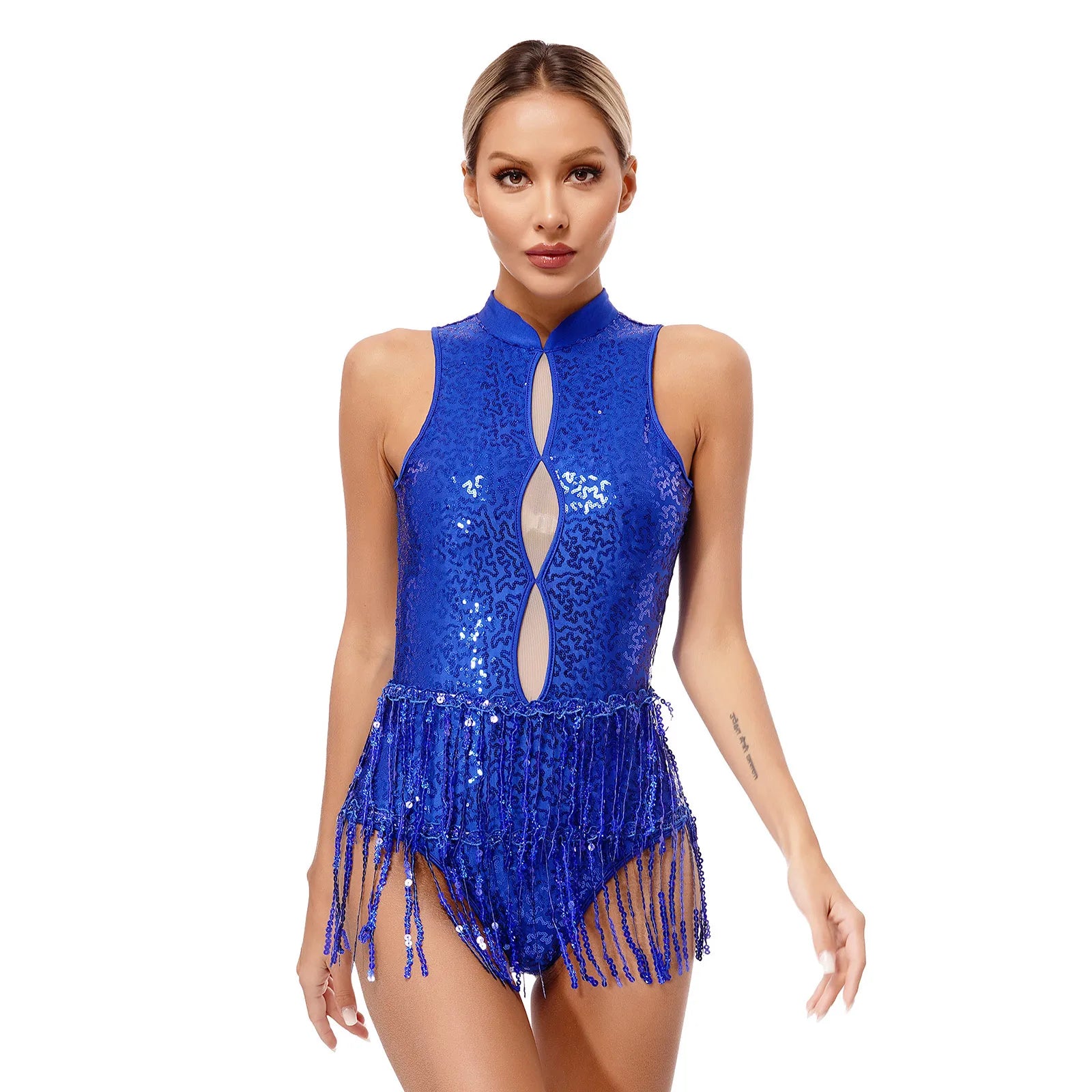 Glitter Sequin Fringe Latin Dance Leotard & Backless Performance Bodysuit