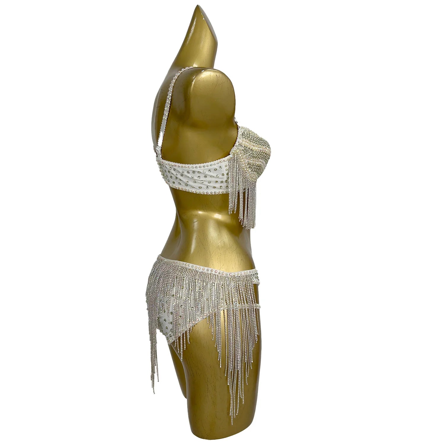Rhinestone Tassel Bra Top & High-Waist Hollow-Out Shorts 2-Piece Costume Set