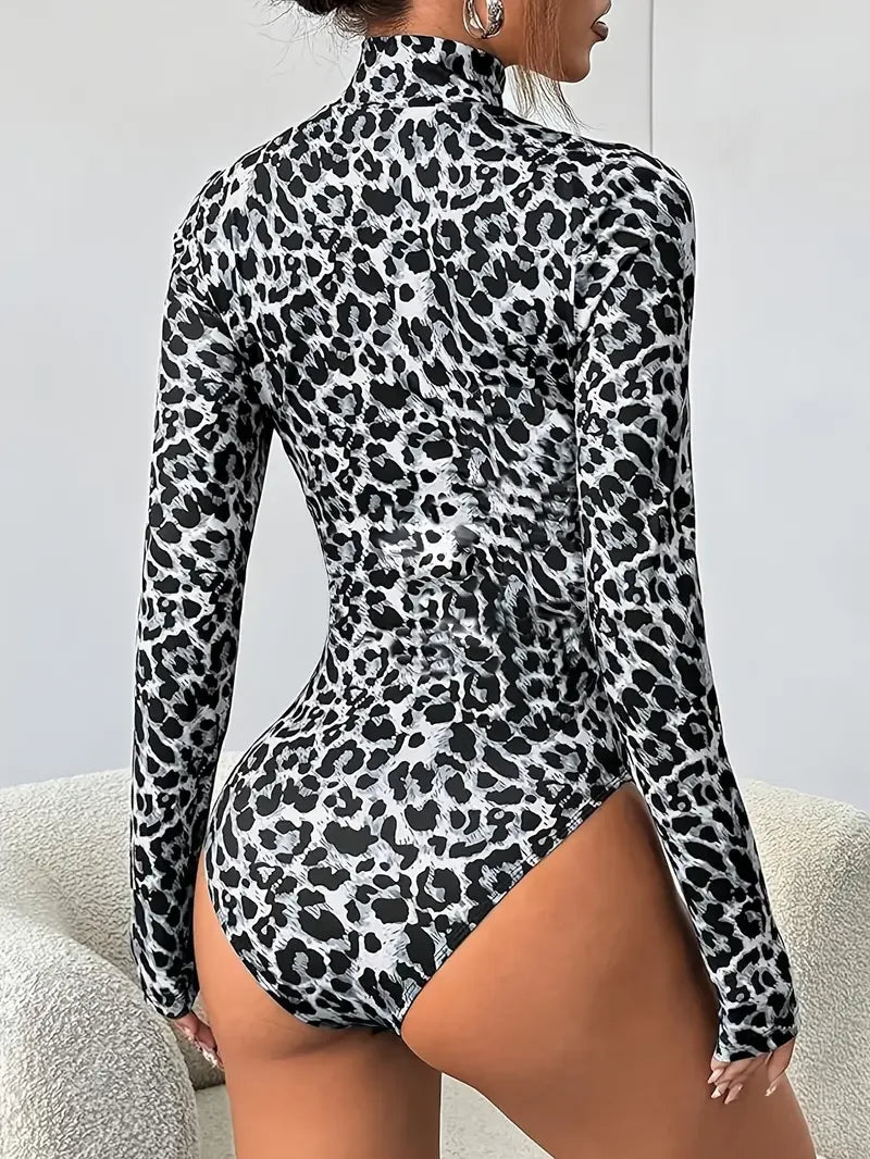 Leopard Print Long-Sleeve Stand Collar Bodysuit Sexy Cutout Stage One-Piece