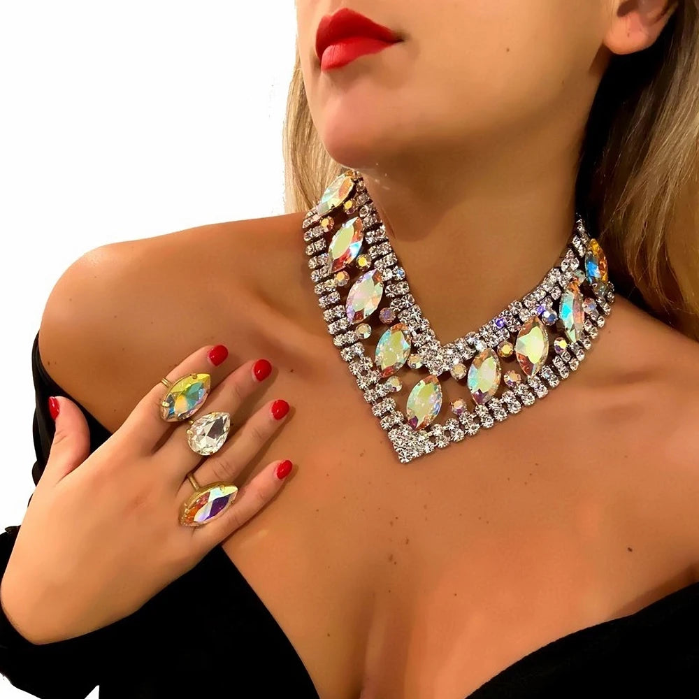 AB Rhinestone V Shape Necklace