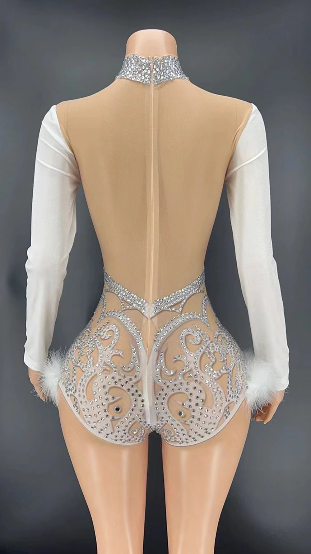 Sparkly Rhinestone & White Feather Long-Sleeve Bodysuit Stage Costume