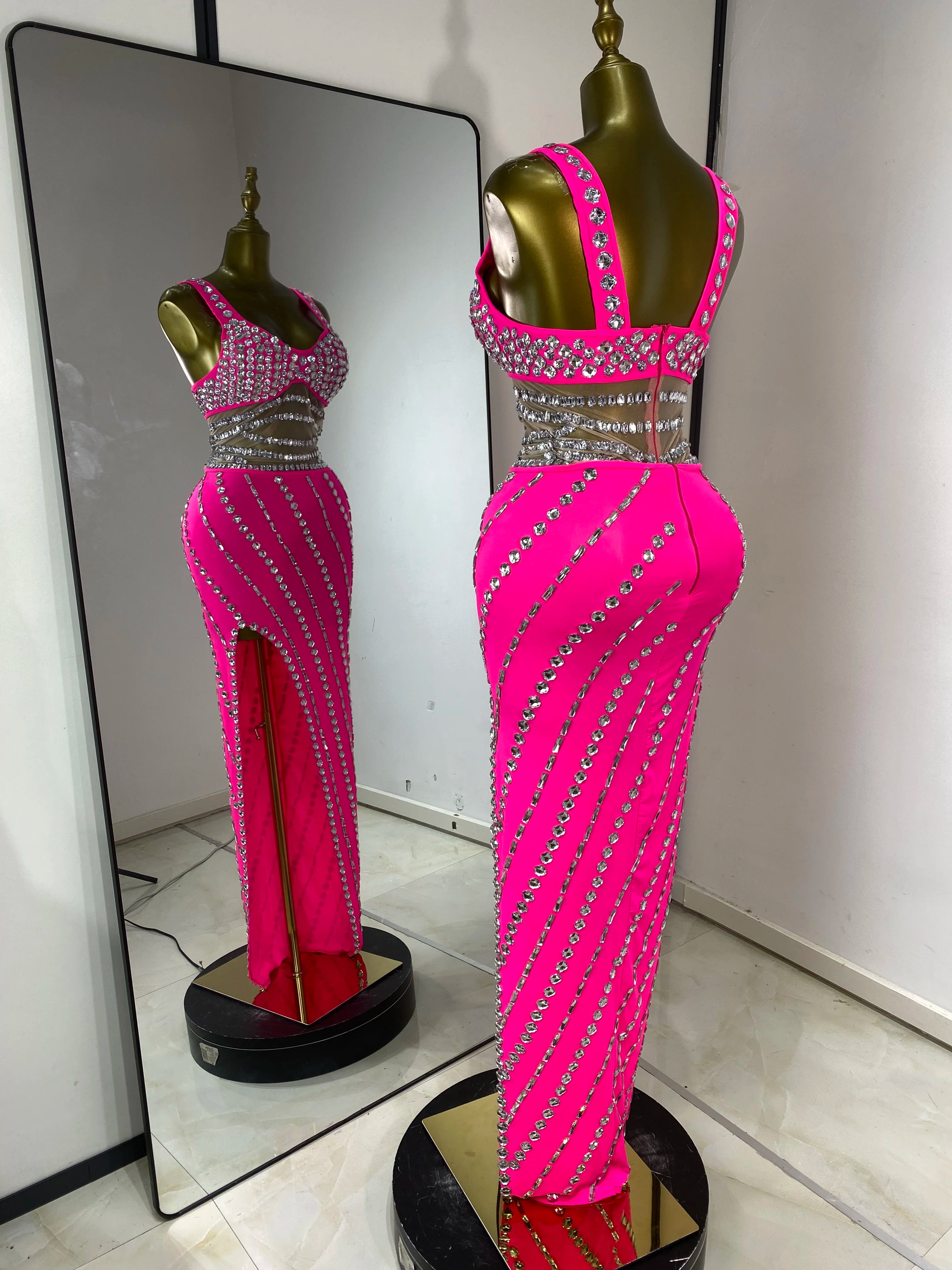 Hot Pink Rhinestone & Tulle Inset Open-Leg Maxi Evening Gown