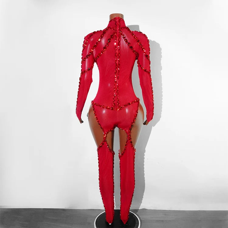 Rhinestone Mesh Jumpsuit Costume Set