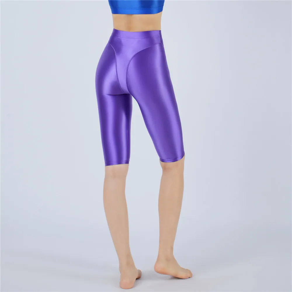 Oil Glossy High-Stretch Knee-Length Shorts Satin Shine Performance Biker Shorts