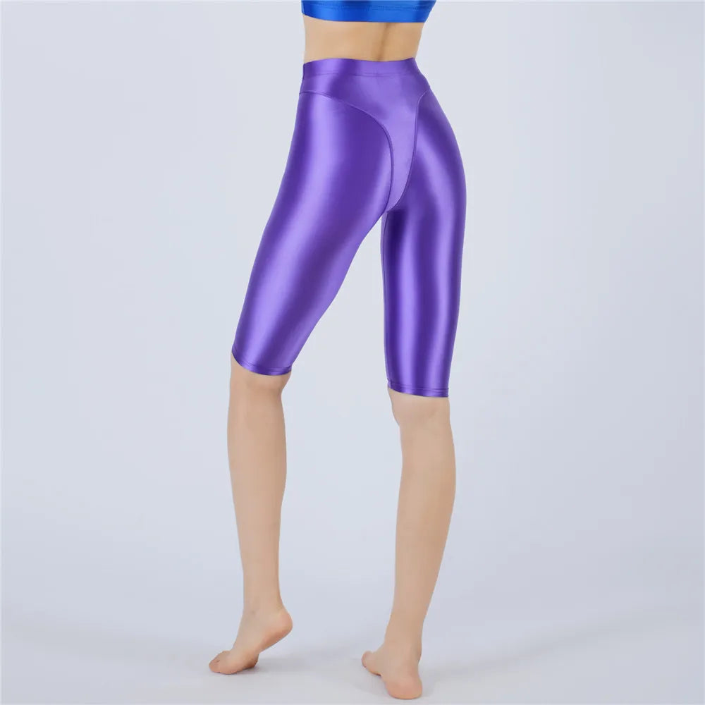 Oil Glossy High-Stretch Knee-Length Shorts Satin Shine Performance Biker Shorts