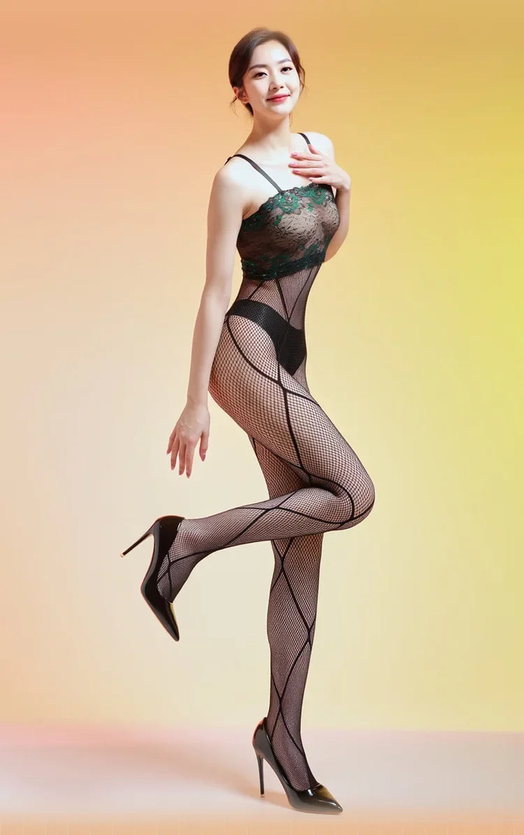 Sexy Women Strap Mesh Sheer Jumpsuit Strap Bandage Lace Printing Bodysuit Woman High Elastic Tights Open Crotch Maid Leotard