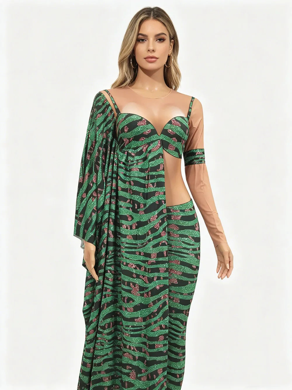 Irregular Single Sleeve Leopard Jumpsuit Green Tight Women Singer Stage Wear Nightclub Party Stage Performance Costume