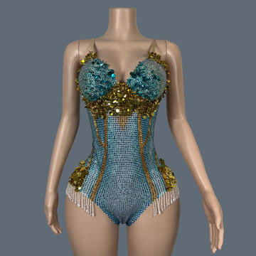 Sparkly Crystal Sequins Sleeveless Bodysuit Nightclub Event Singer Stage Leotard