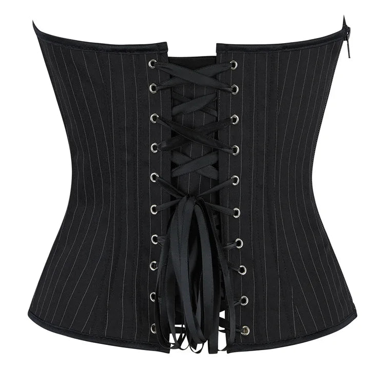 Black Striped Overbust Corset Top Zipper Front Lace-Up Bustier Body Shaper
