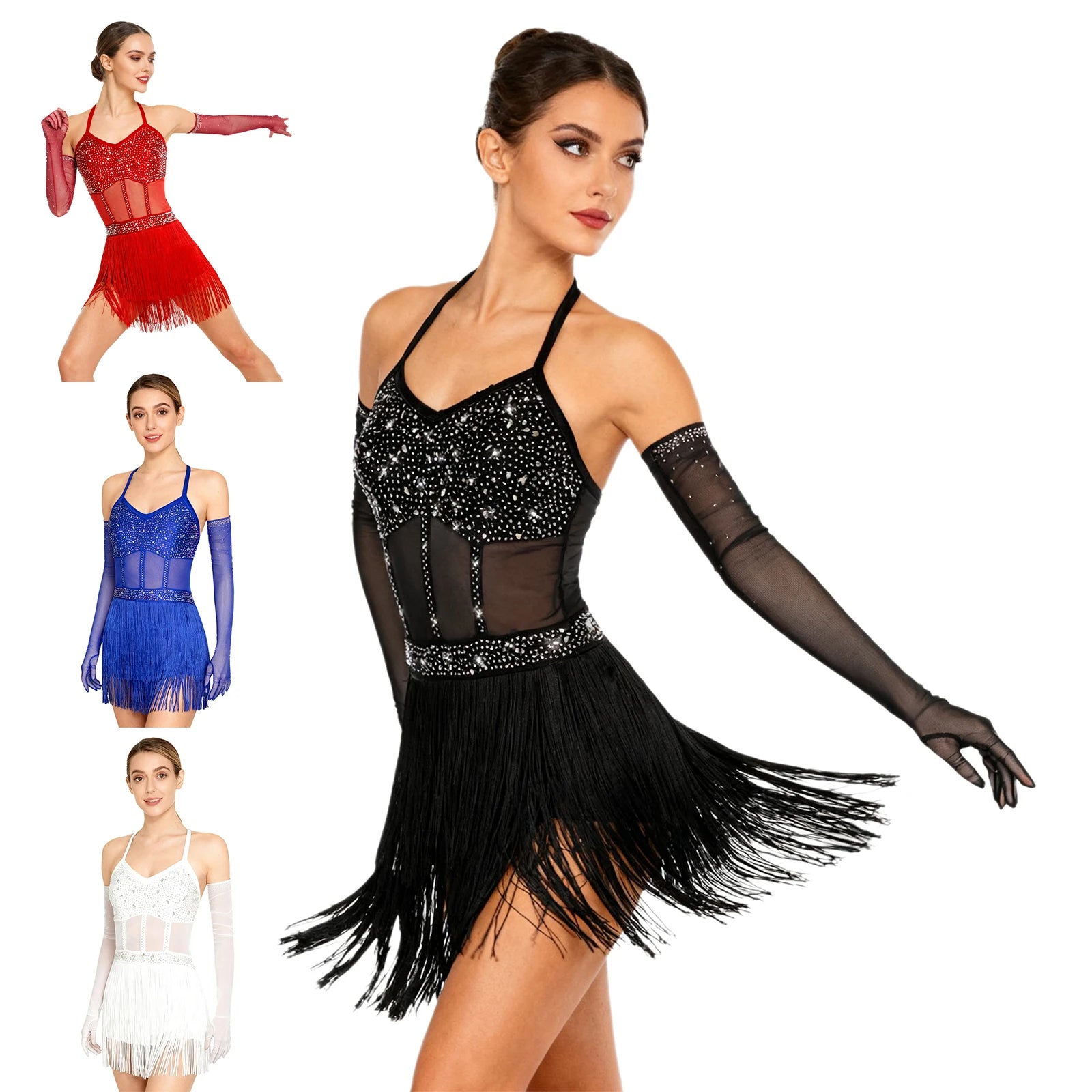 Rhinestone Latin Dance Dress, Mesh Tiered Tassel Bodysuit & Long Gloves Set