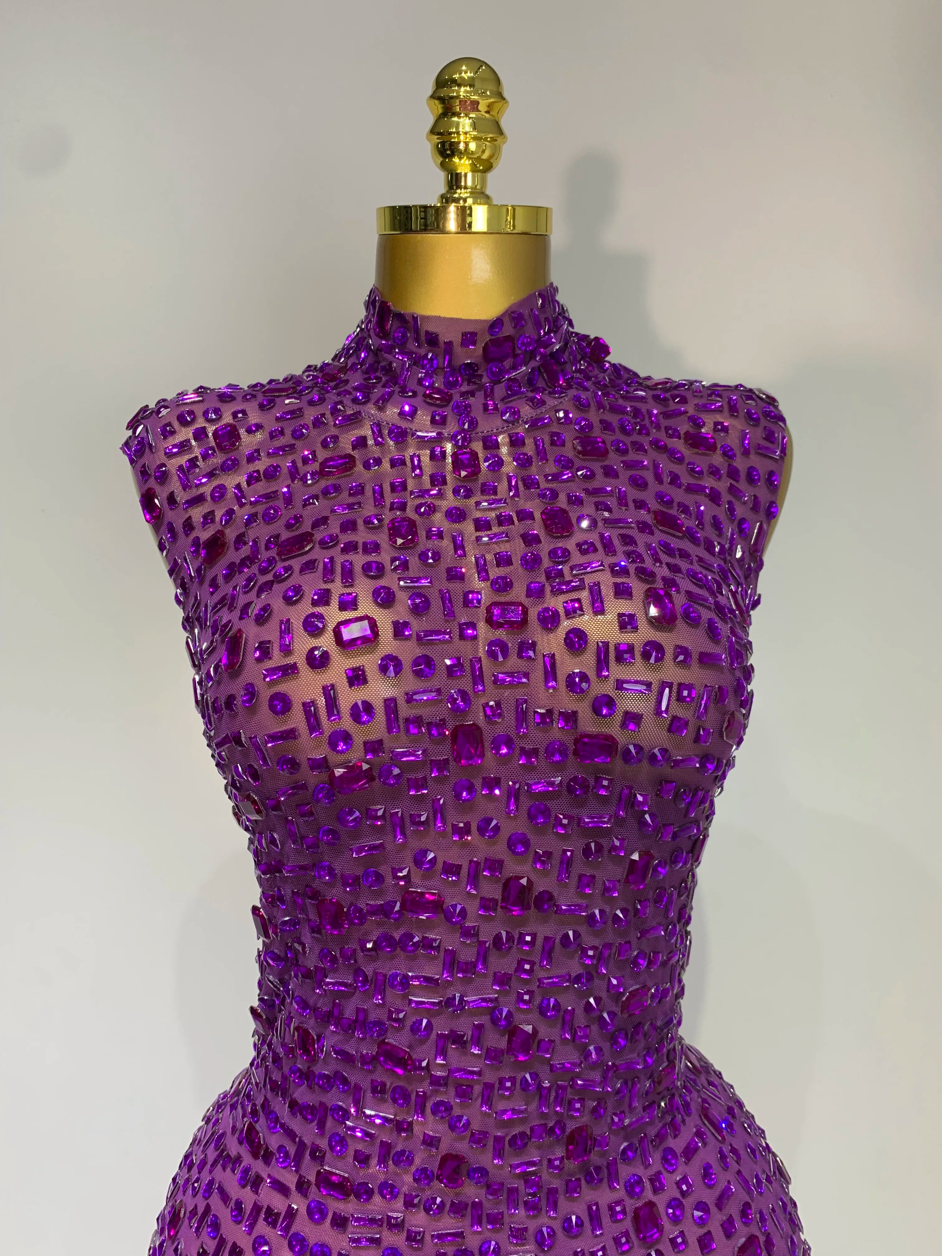 Sparkly Rhinestone Sleeveless Maxi Long Dress See-Through Sheer Mesh Stage Outfit