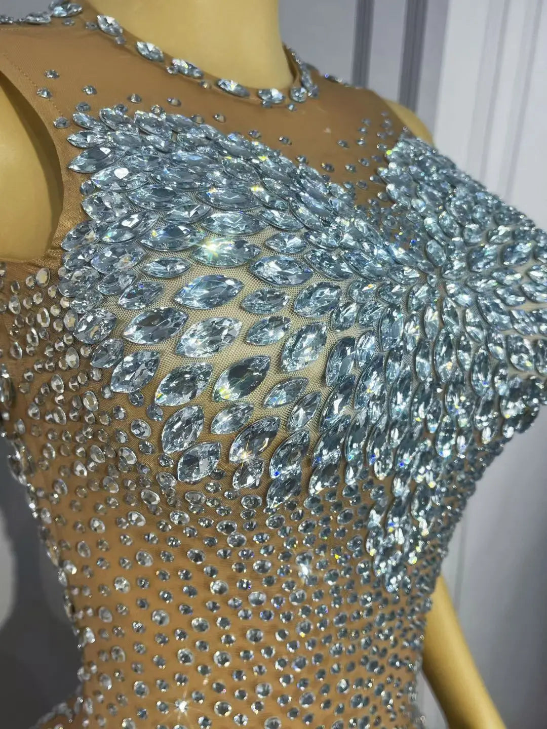Sparkly Rhinestone Sheer Mesh Bodysuit Backless Stage Costume Leotard