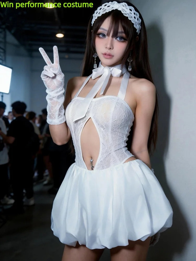 Ivory Floral Lace Cutout Bubble Romper Dress Sexy Stage Performance Costume Set