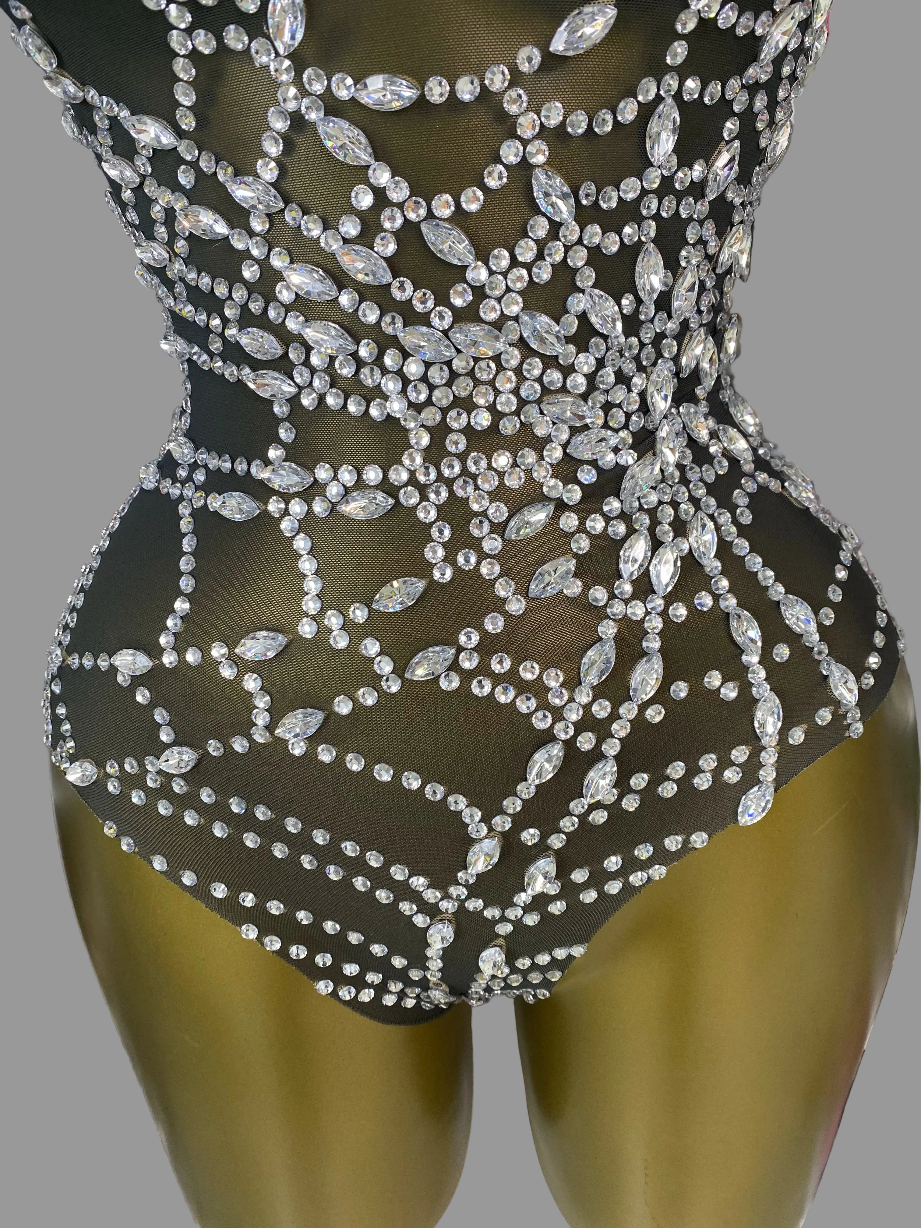 The Stardust Black Widow Bodysuit – Luxury Rhinestone Spiderweb Showgirl Costume