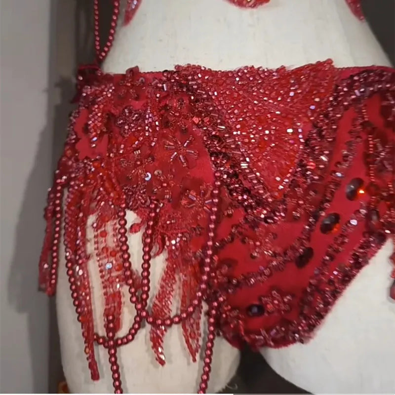 Luxury Red Rhinestones Beads Bikini Set Sexy Nightclub Party Carnival Rave Outfit Model Catwalk Singer Stage Performance Costume