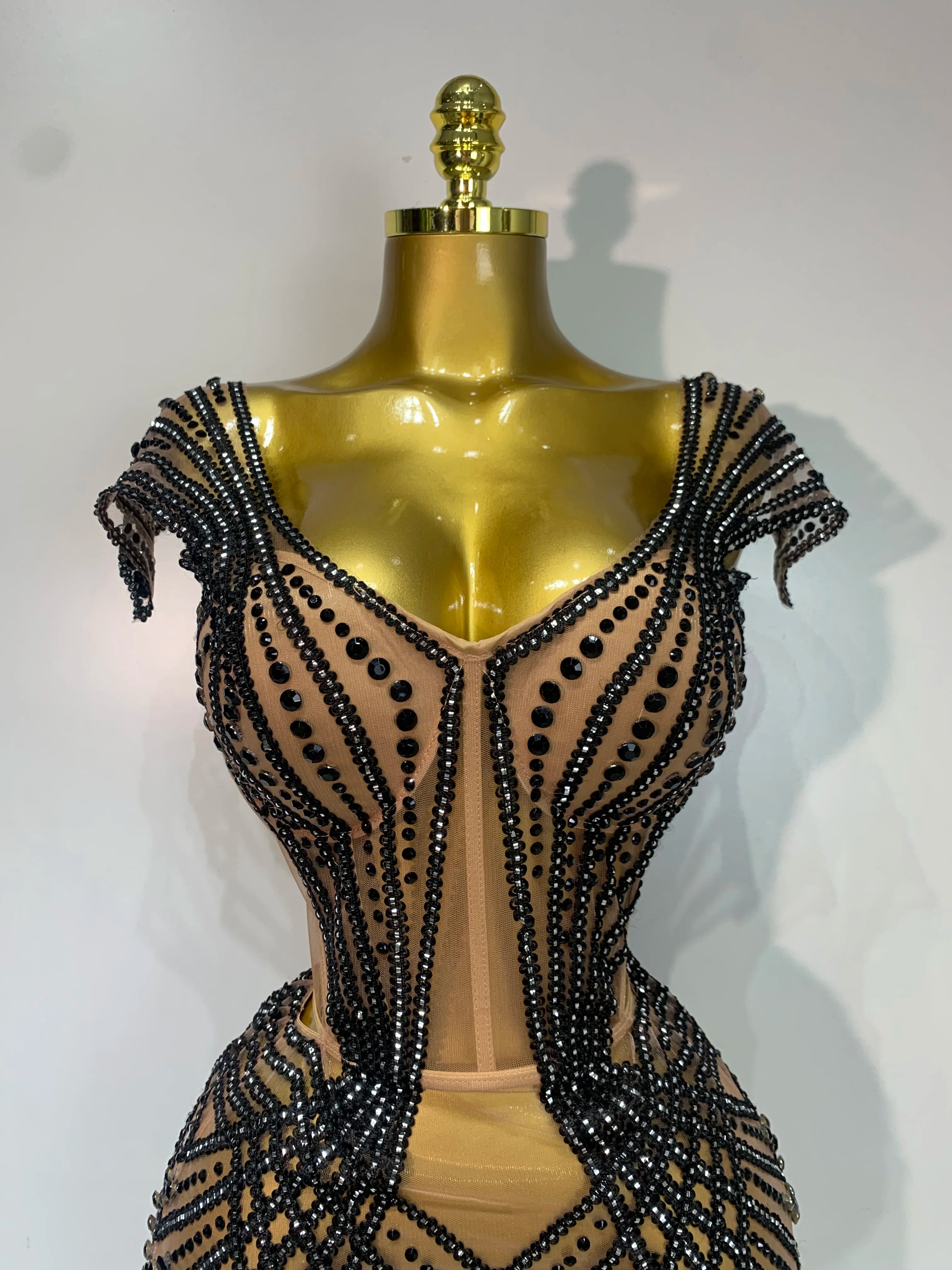 Sparkly Rhinestone Mesh Strapless Mini Dress Evening Stage Performance Outfit