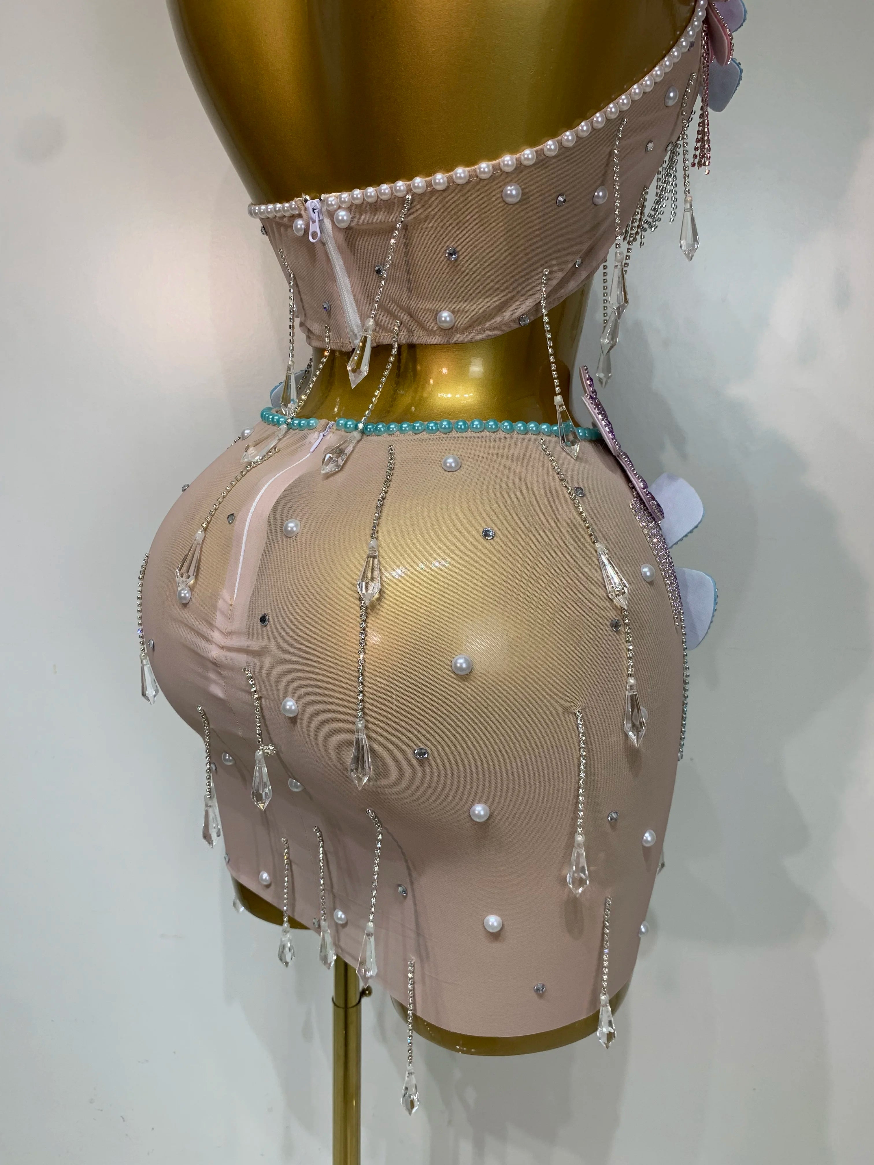 Colorful Rhinestone Pearl Sheer Dress & Two-Piece Mini Skirt Set Celebration Outfit