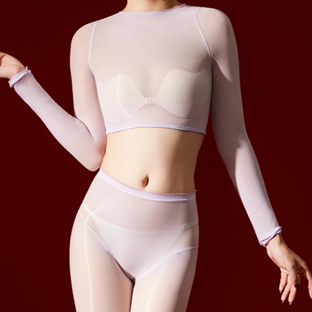 Sexy Women 5D 912 Pin Oil Glossy Shiny Short Top Elastic T-shirt Sheer See Through Maid Tights Crop Tops Yoga Street Wear