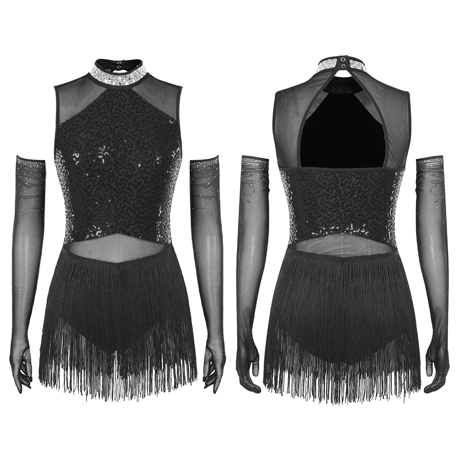 Sparkly Sequin & Fringe Dance Dress with Gloves Latin Stage Performance Costume