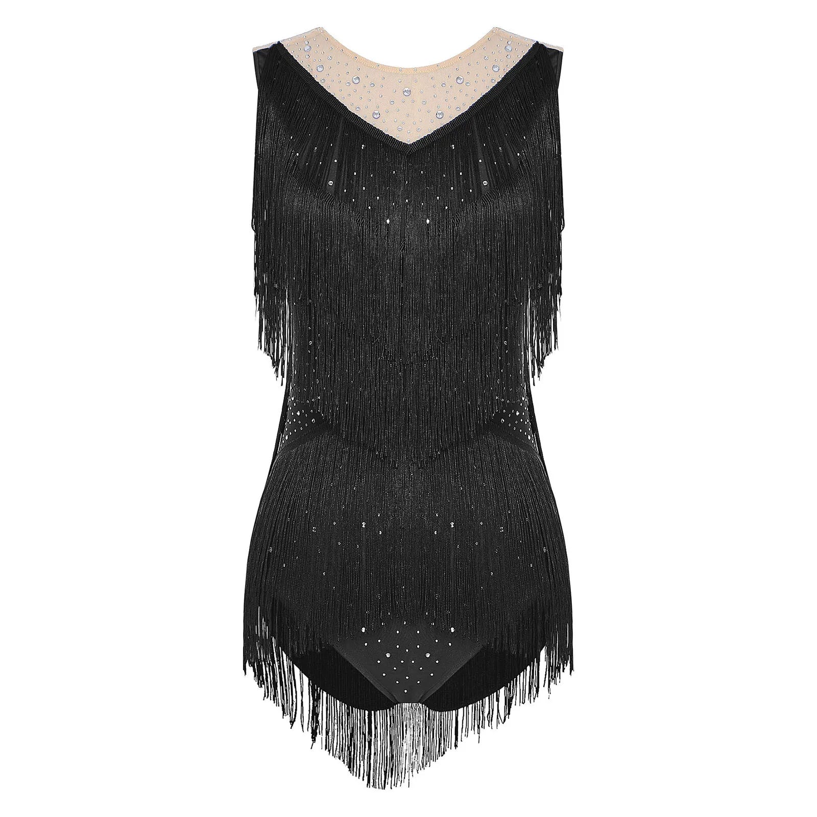 Sparkly Rhinestone & Tassel Fringe Latin Dance Leotard Crew Neck Bodysuit