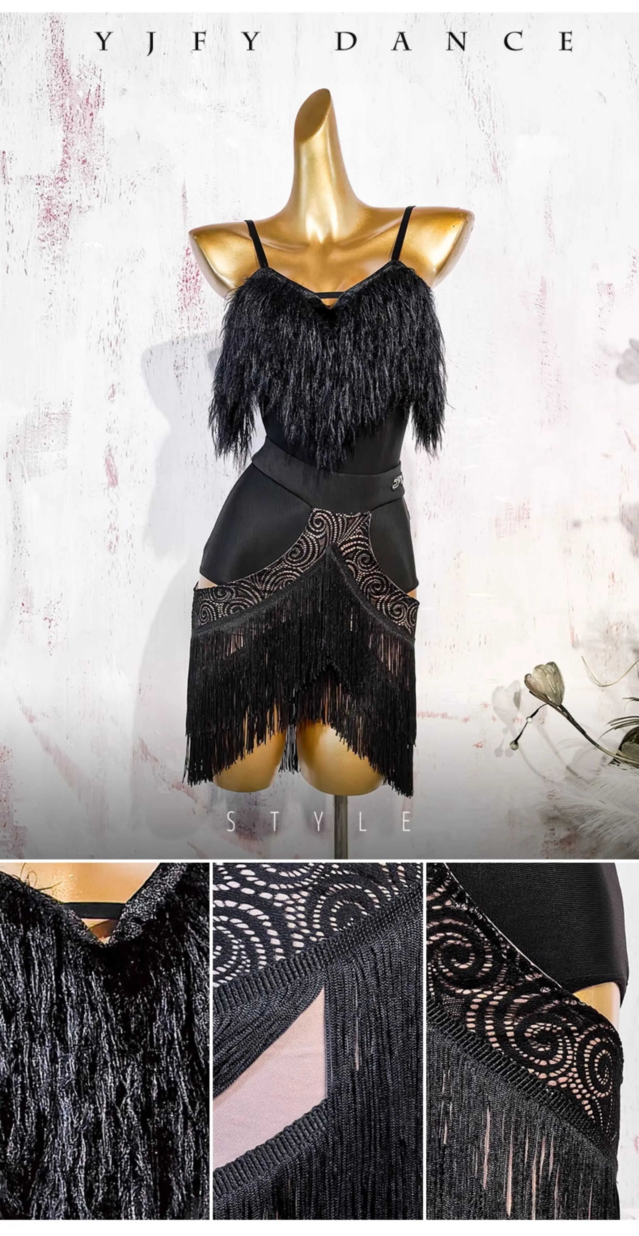 Black Fluffy Dance Leotard & Fringe Practice Skirt Latin Performance Costume Set
