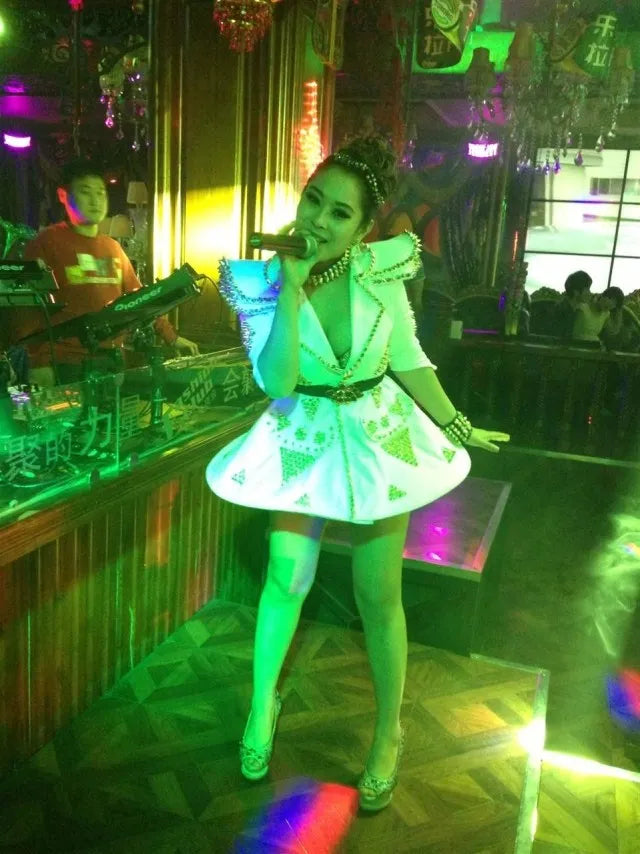 White Faux Leather Studded Stage Dress & Fluffy Skirt Pop Singer Costume Set