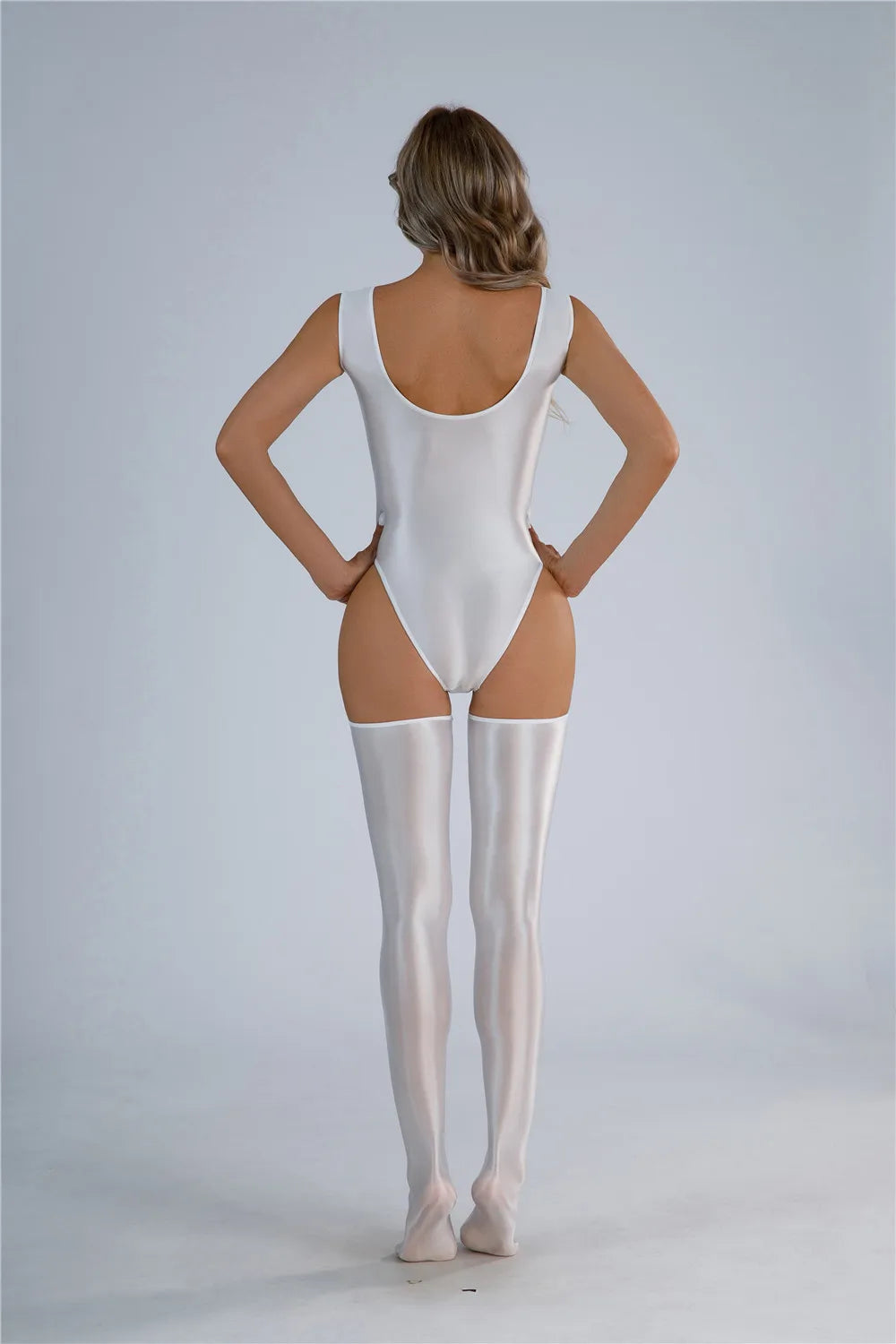 Backless High-Cut Oil Glossy Sheer Bodysuit & Matching Stockings Set