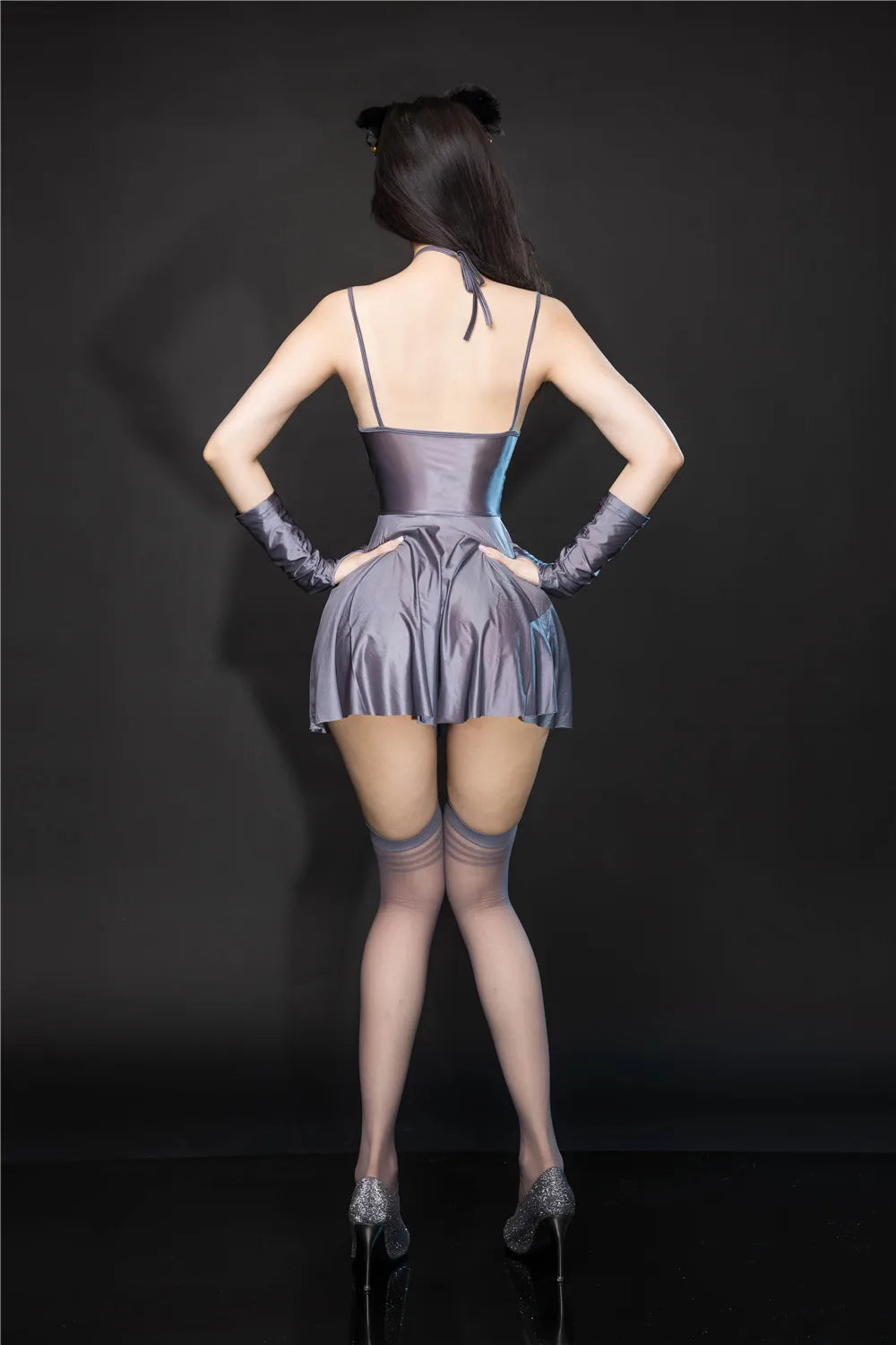 Sexy Backless Satin Smooth Oil Glossy Pleated Micro MINI Dress Bandage Sleeveless Tight Uniform Maid Ruffled Dress Stage Wear