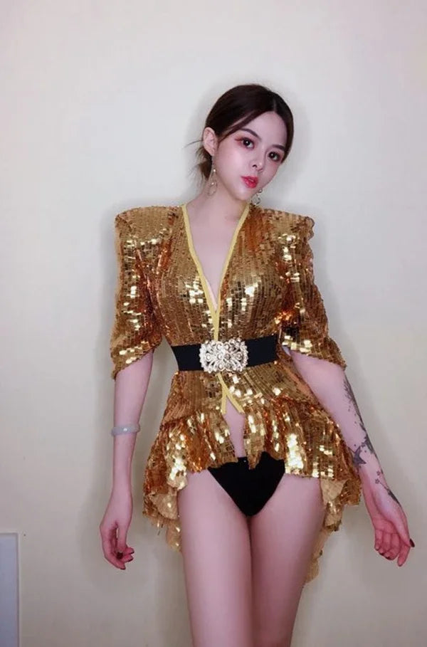 Sequined Shoulder Pad Tuxedo Leotard & Stage Performance Costume