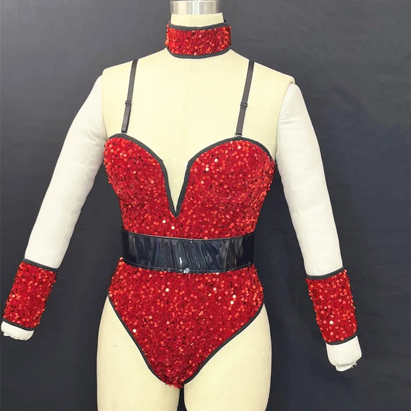 Sequined Rhinestone Bodysuit & Gogo Dance Performance Outfit