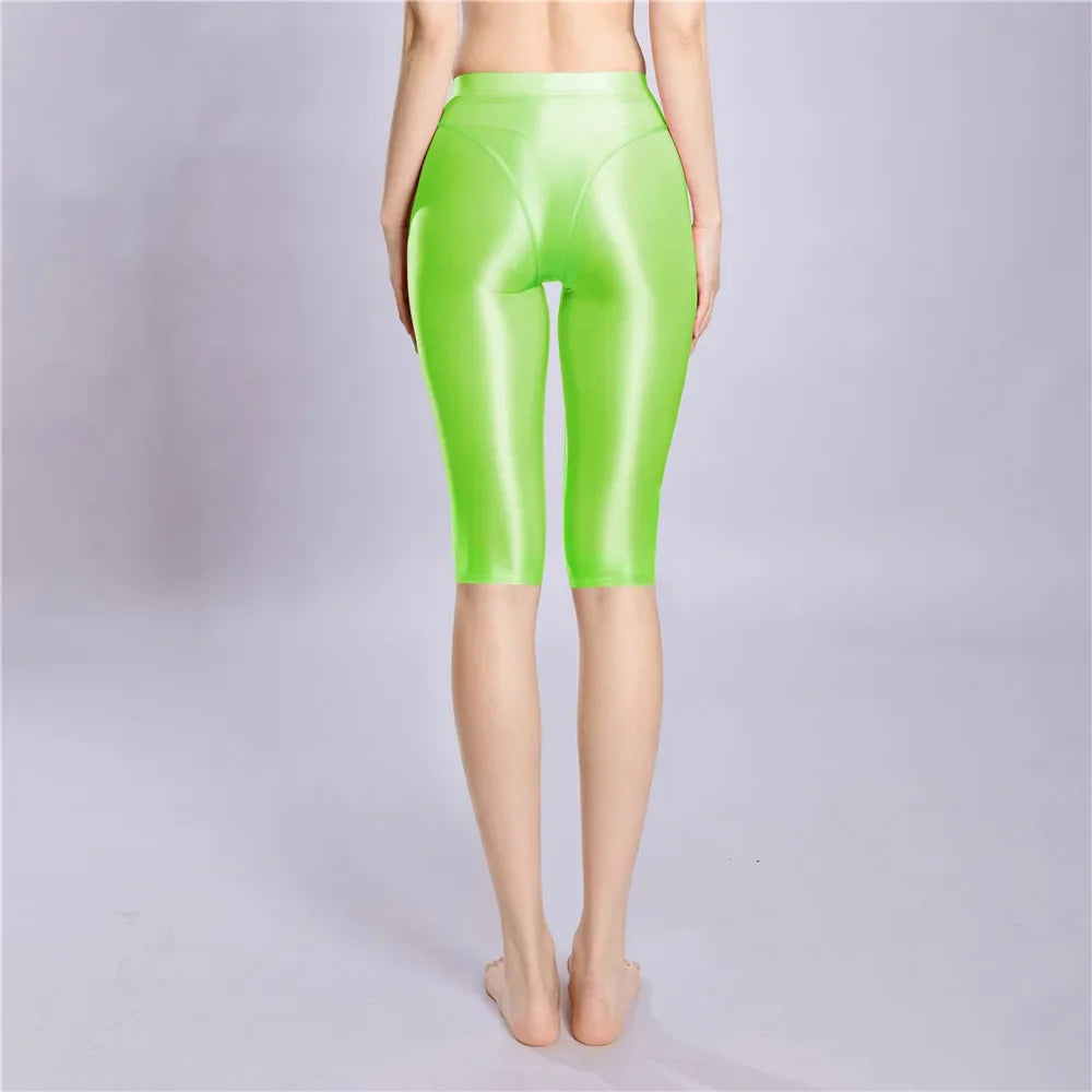 Women Shaping Short Stain Smooth Oil Glossy Shiny Elastic Shorts Sheer See Through Casual Plus Size Tight Yoga Short Maid Pant