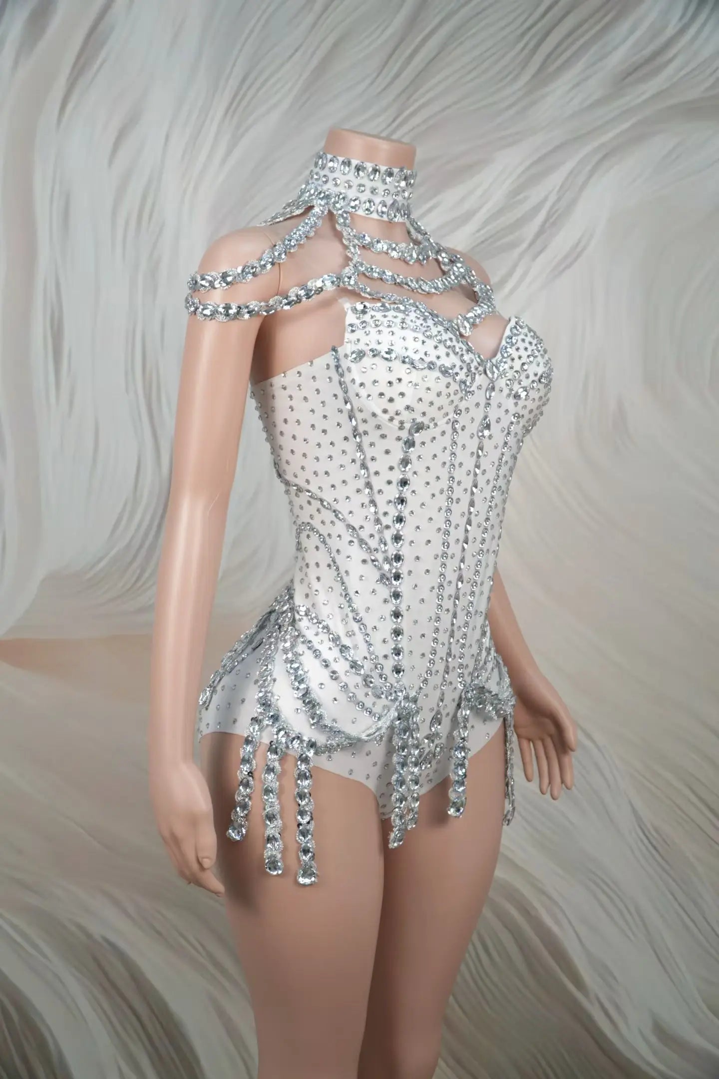 Sparkly Rhinestone Tassel Spandex Bodysuit Halter Dance Stage Costume Leotard