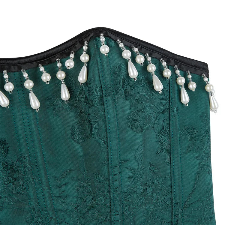 Green Floral Jacquard Overbust Corset Pearl Tassel Trim Bustier Top