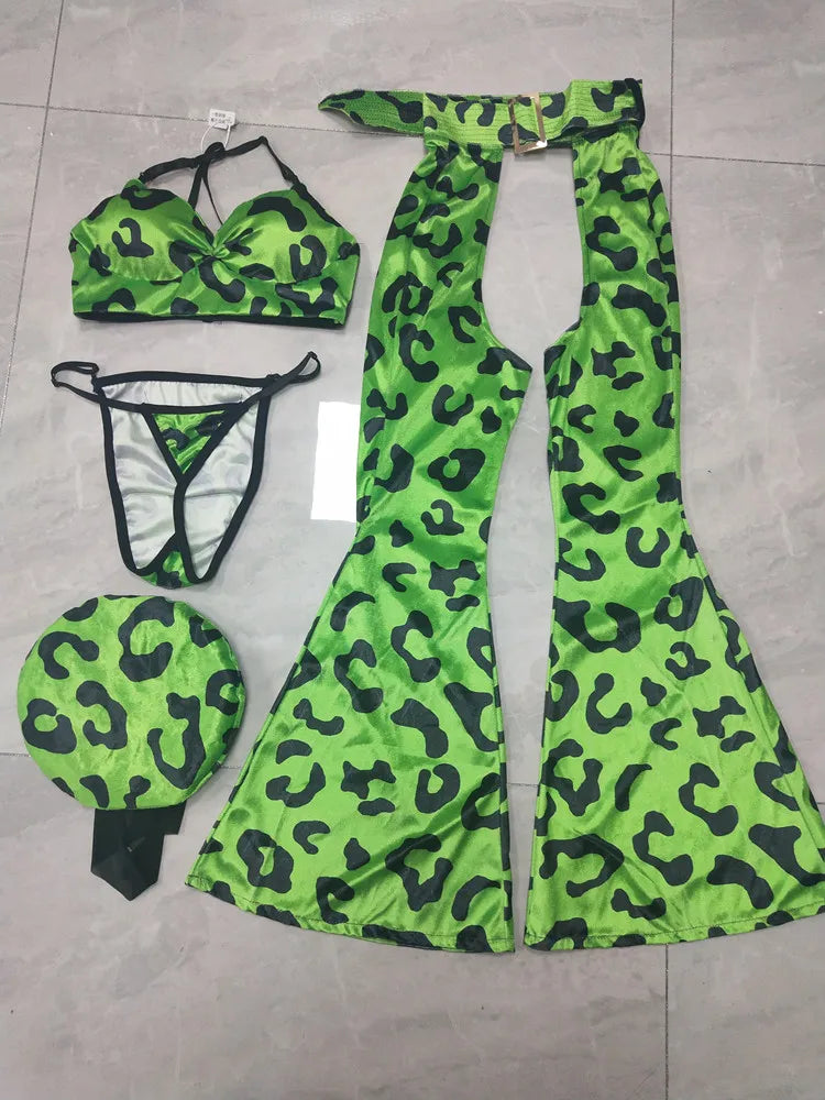 Neon Green Leopard Bikini Top, Wide-Leg Chaps Pants & Hat 4-Piece Stage Dance Costume Set
