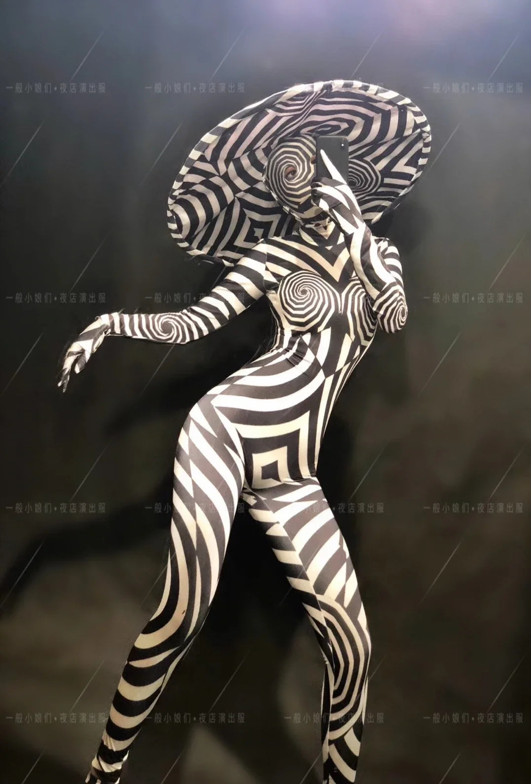 Zebra Stripe Catsuit & Oversized Wide-Brim Sun Hat Stage Performance Costume Set