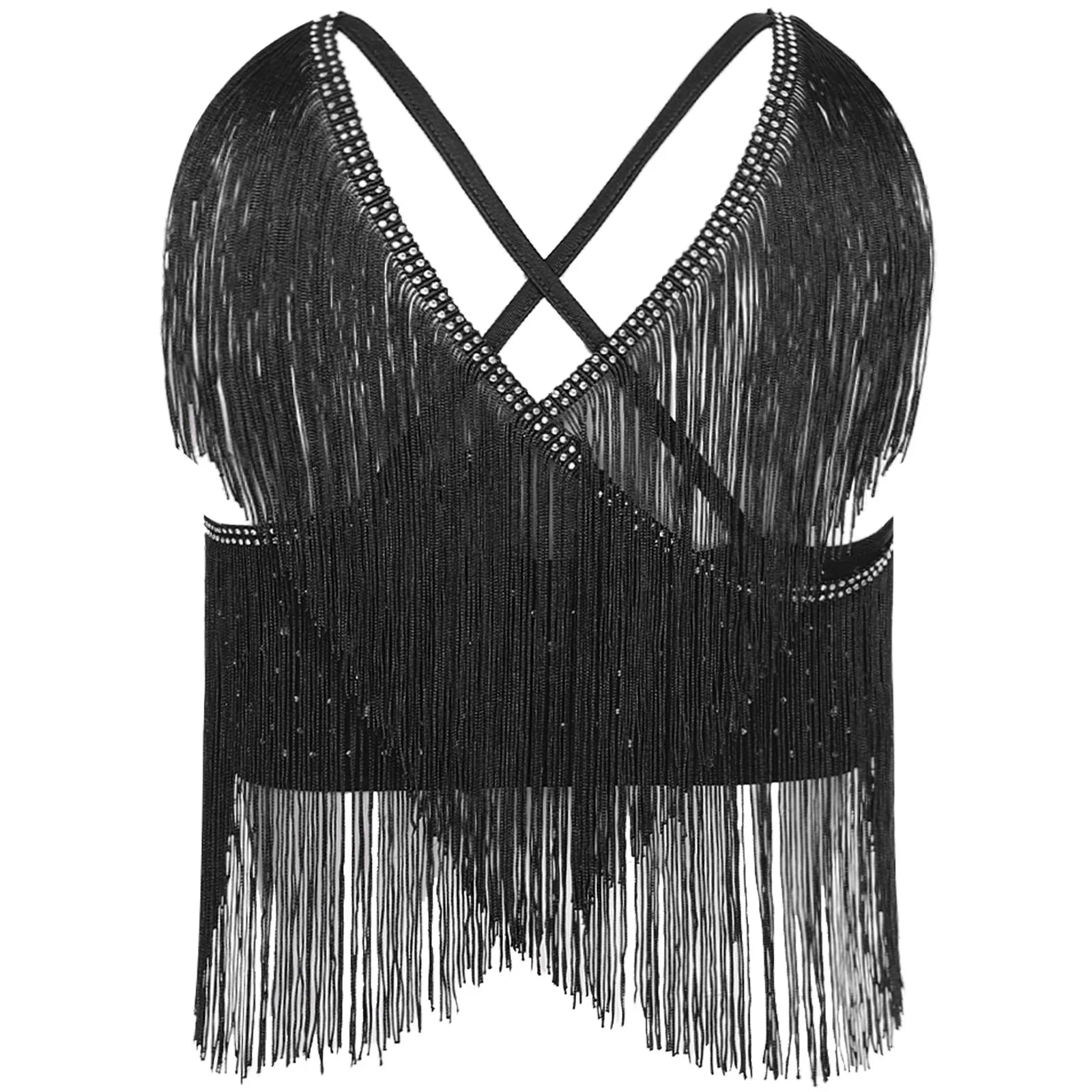 V-Neck Crisscross Back Tassel Fringe Crop Top Latin Salsa Dance Costume